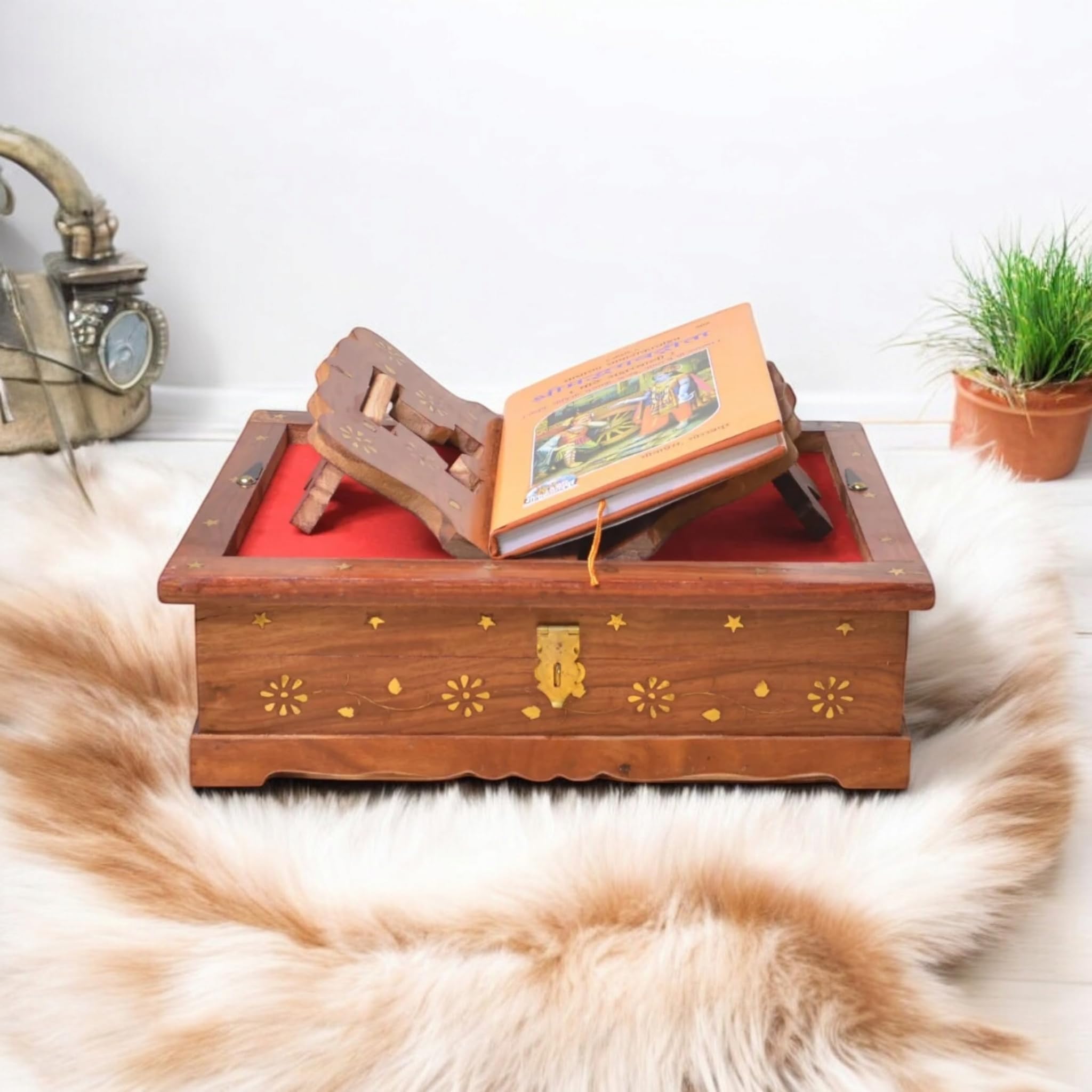 Wooden Puja Book Stand | Holy Book Storage Box with Red Velvet Lining & Hand-Carved Design | Ideal for Geeta, Quran, Granth Sahib-image-45
