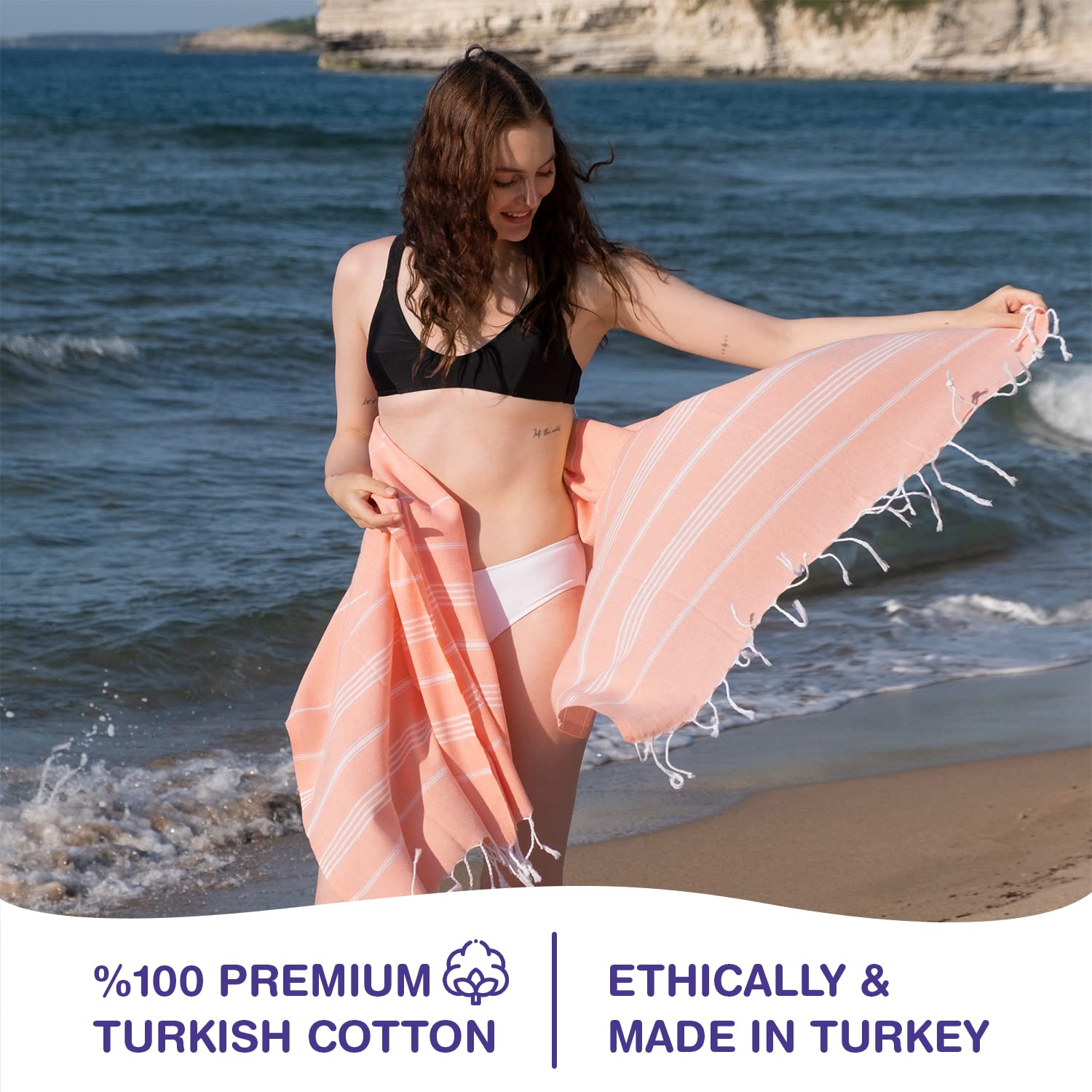 Strandtuch aus türkischer Baumwolle, vorgewaschen, sandfrei, super weich, schnell trocknend und saugfähig, für Strand/Pool, Badezimmer/Spa, Reisen, Camping, Fitness, Yoga, Orange, 4 Stück