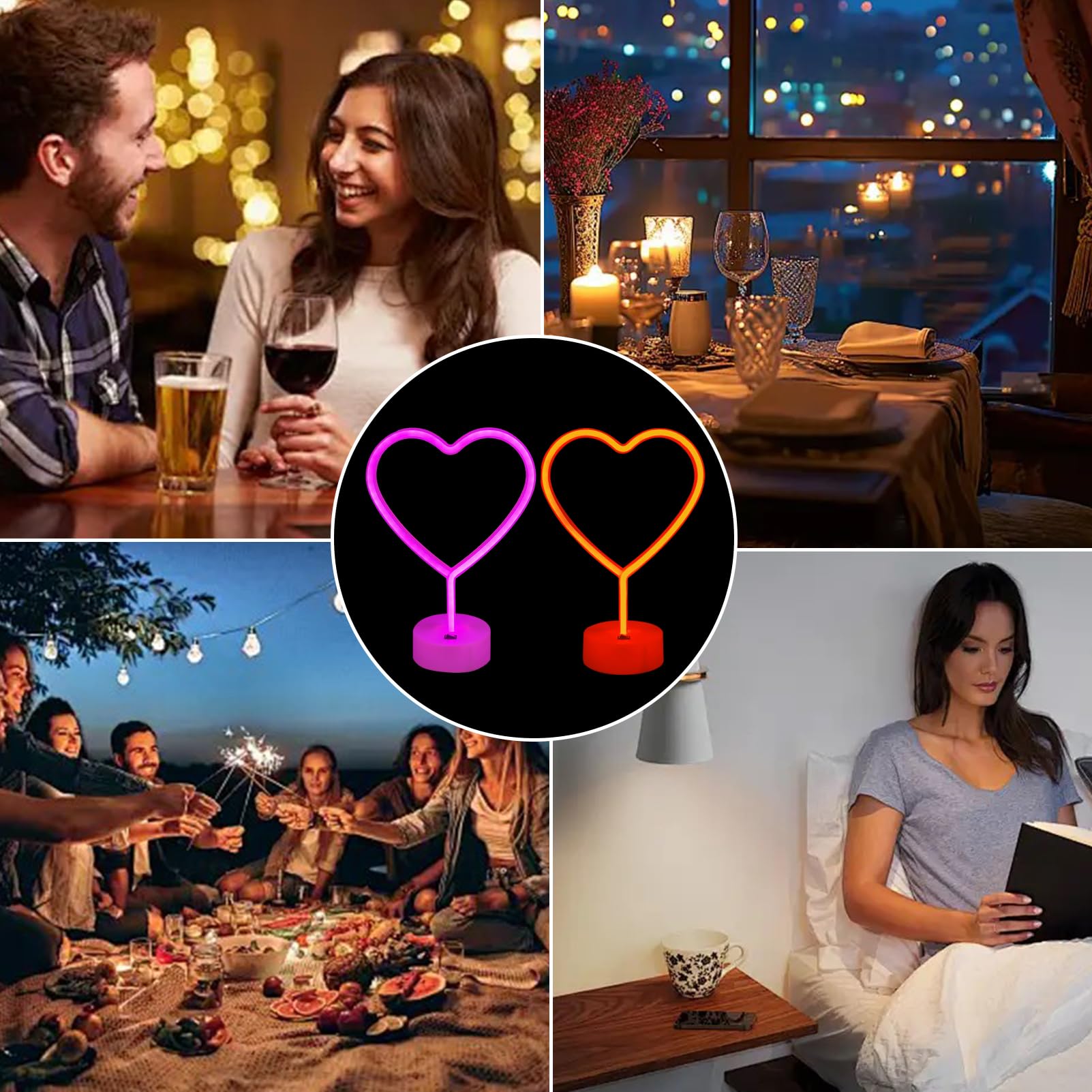Insegna al neon a forma di cuore rosa, confezione da 2 luci al neon a LED alimentate a batteria o alimentate tramite USB, decorazione per San Valentino, per camera da letto, matrimoni