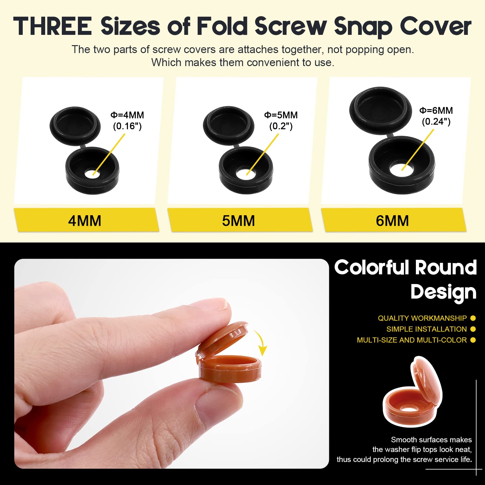 Mardatt 300Pcs Plastic Screw Cover Caps, 4/5/6mm Hinged Snap Covers Washer Flip Tops, Color Assortment Set (Black, White - Image 3