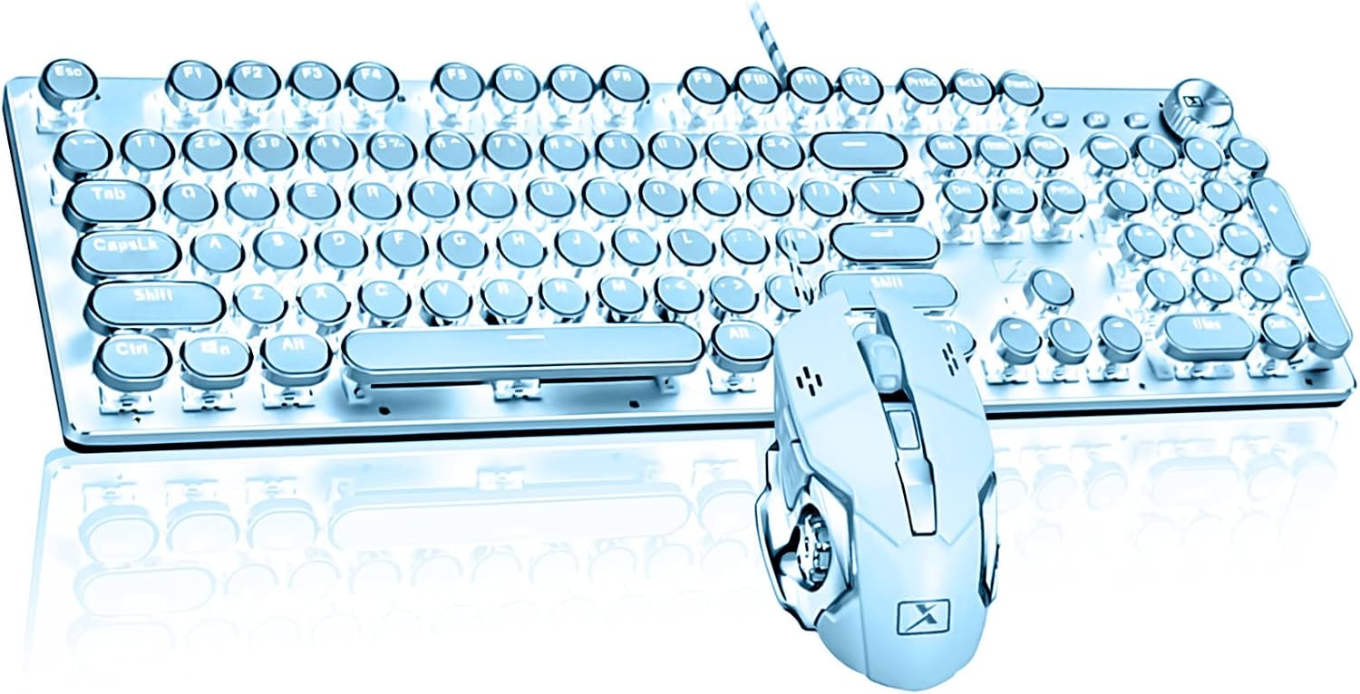 VINMEN Mechanical Vintage Gaming Keyboard with Mouse Retro Punk Typewriter-Style White LED Backlit USB Wired Mechanical Keyboard for PC Laptop Desktop Computer Game and Office (Blue)