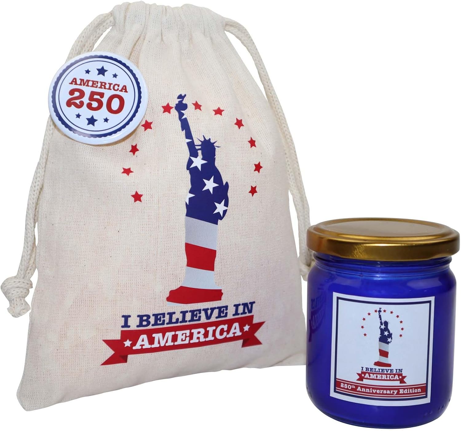 USA 250th Anniversary Candle & Commemorative Pin Set, Patriotic Gift Bag, Natural BioWax Smokeless Candle with Gold Colored Lid, American Pride Gift Idea for Patriots - Sandalwood Scented 9.7oz