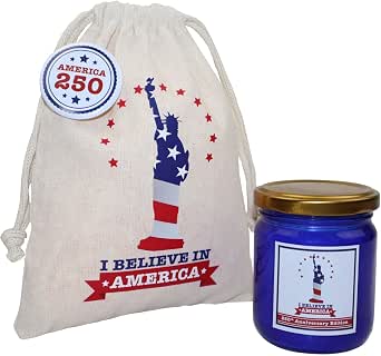 USA 250th Anniversary Candle & Commemorative Pin Set, Patriotic Gift Bag, Natural BioWax Smokeless Candle with Gold Lid, Sandalwood Scented 9.7oz