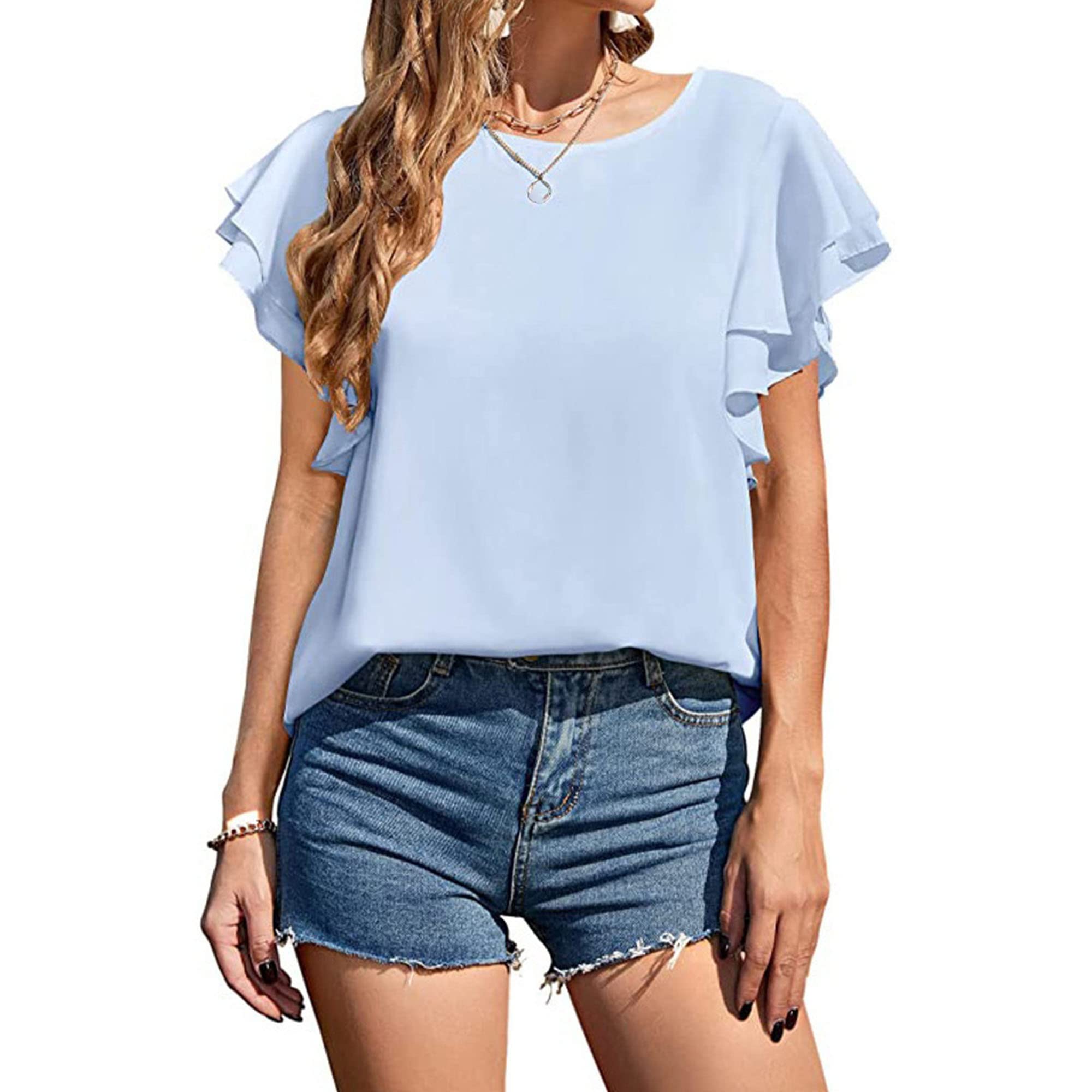 Womens Round Neck Ruffle Short Sleeve Frill Mock Neck Dressy Casual Blouses Elegant Tops Loose Fit Tops (XX-Large,Light Blue)