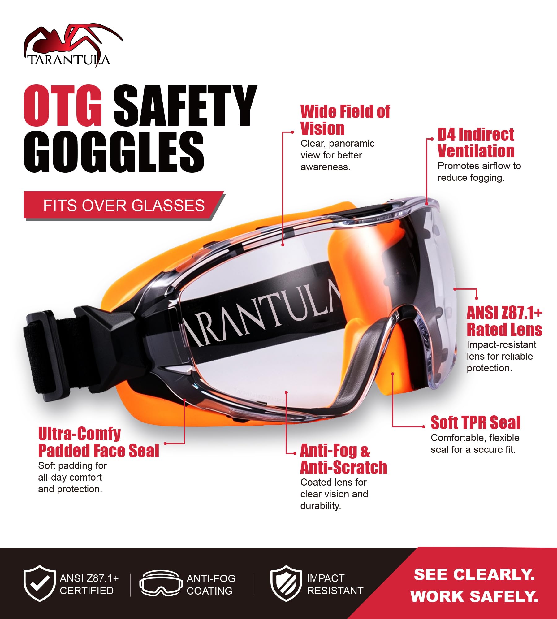 Tarantula ANSI Z87.1+ - Gafas de seguridad sobre gafas, lentes UV380 antivaho y antiarañazos, correa ajustable, protección ocular de alto impacto para laboratorio, carpintería y bricolaje