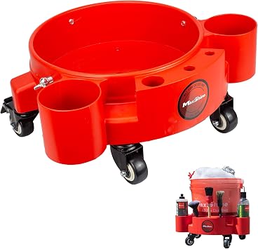 Maxshine Universal Rolling Bucket Dolly Heavy-Duty, 5 Wheels with 2 Locks, Tool Organizer 360 Mobility for Car Wash Supplies & Auto Detailing Organization Red