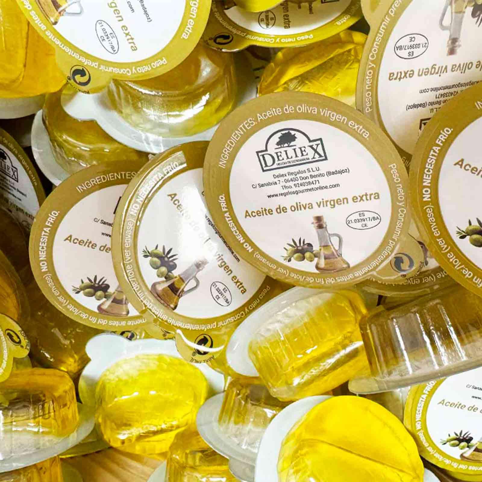 Deliex 40 aceite y vinagre en monodois en cubo, aceite de oliva virgen extra en pequeñas porciones de 10 ml x 40 tarrinas 40 x 8 ml de vinagre añejo (CUBO, Y 40 SOBRES DE SAL)