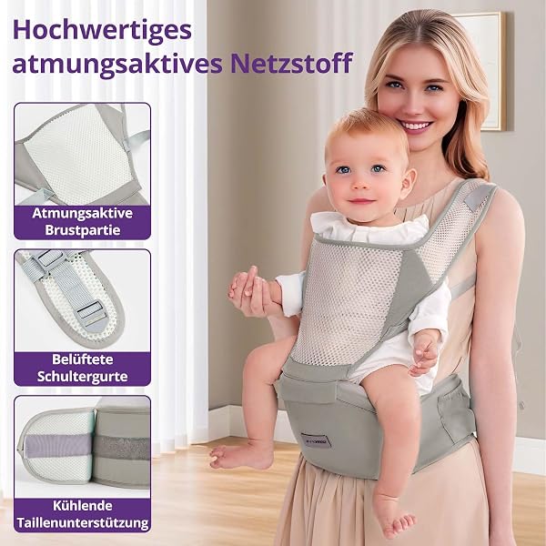 Ergonomische Babytrage mit Verstellbarem Gurt - 6-in-1 Neugeborenen-Kleinkind-Tragetuch, Atmungsaktive Mesh-Babytrage für Sommer, Kompakt für Reisen & Outdoor-Abenteuer, Ideal für Babys 0-3 Jahre - 3