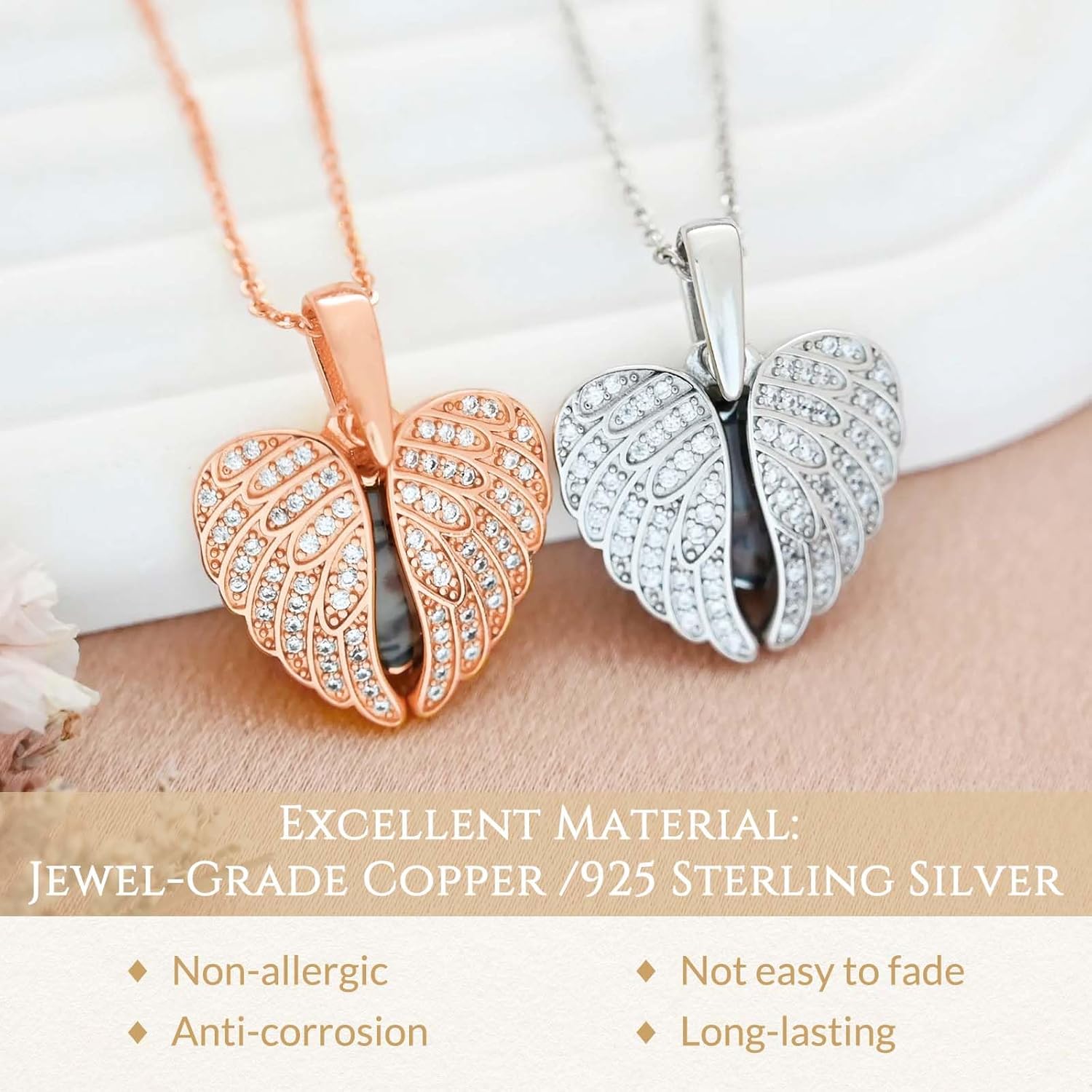 Personalized Angel Wing Necklace Sterling Silver Custom Photo Locket Necklace for Women Picture Pendant Memorial Necklace With Picture for Her Gift for Mom, Wife in Memory of Loved One