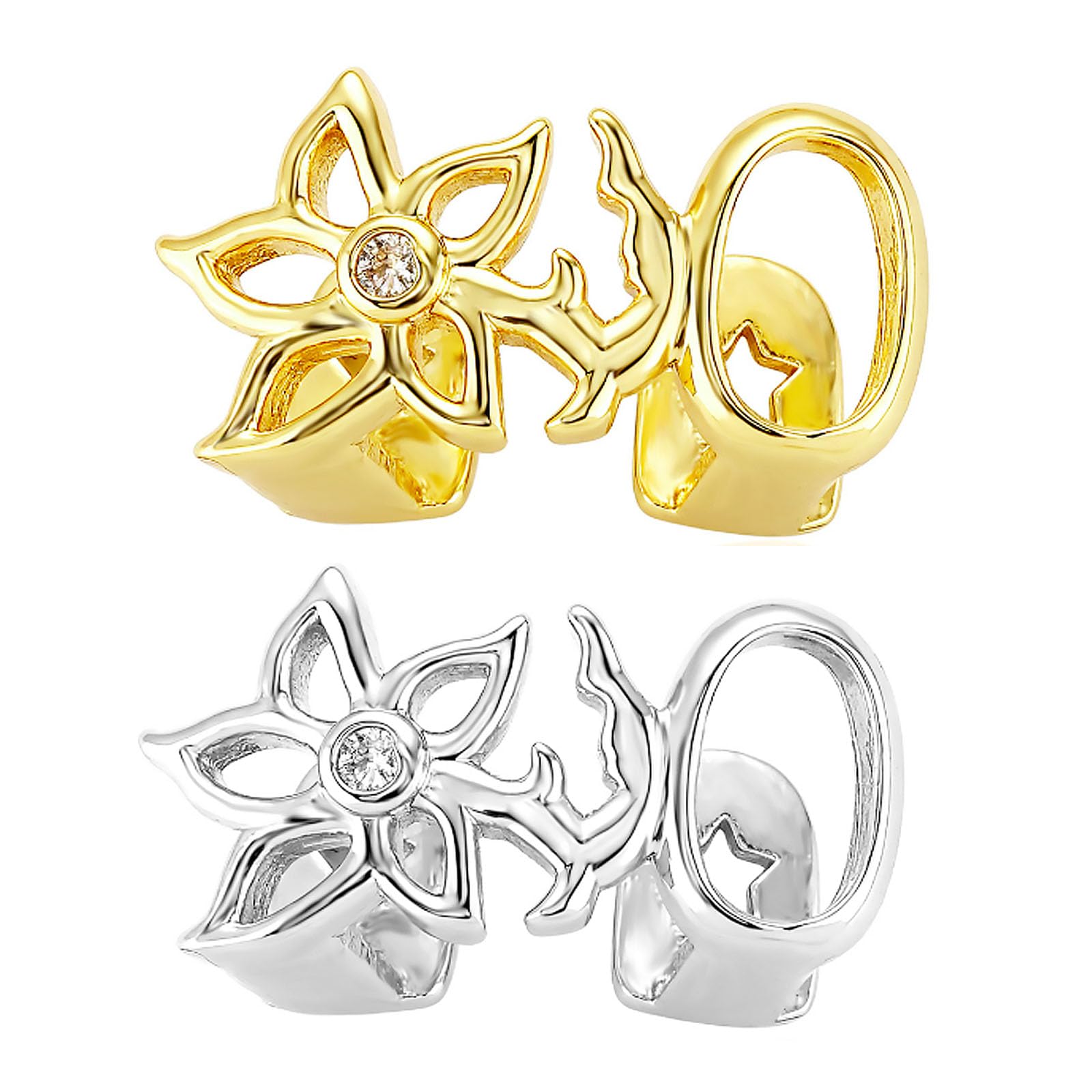 yufana 2 Pack Gold Grillz for Men Women, 18K Gold Plated Hip Hop Teeth Grillz with Flower Design, Bling Mouth Grills for Halloween Christmas Party Cosplay (Gold+Silver) — image 1