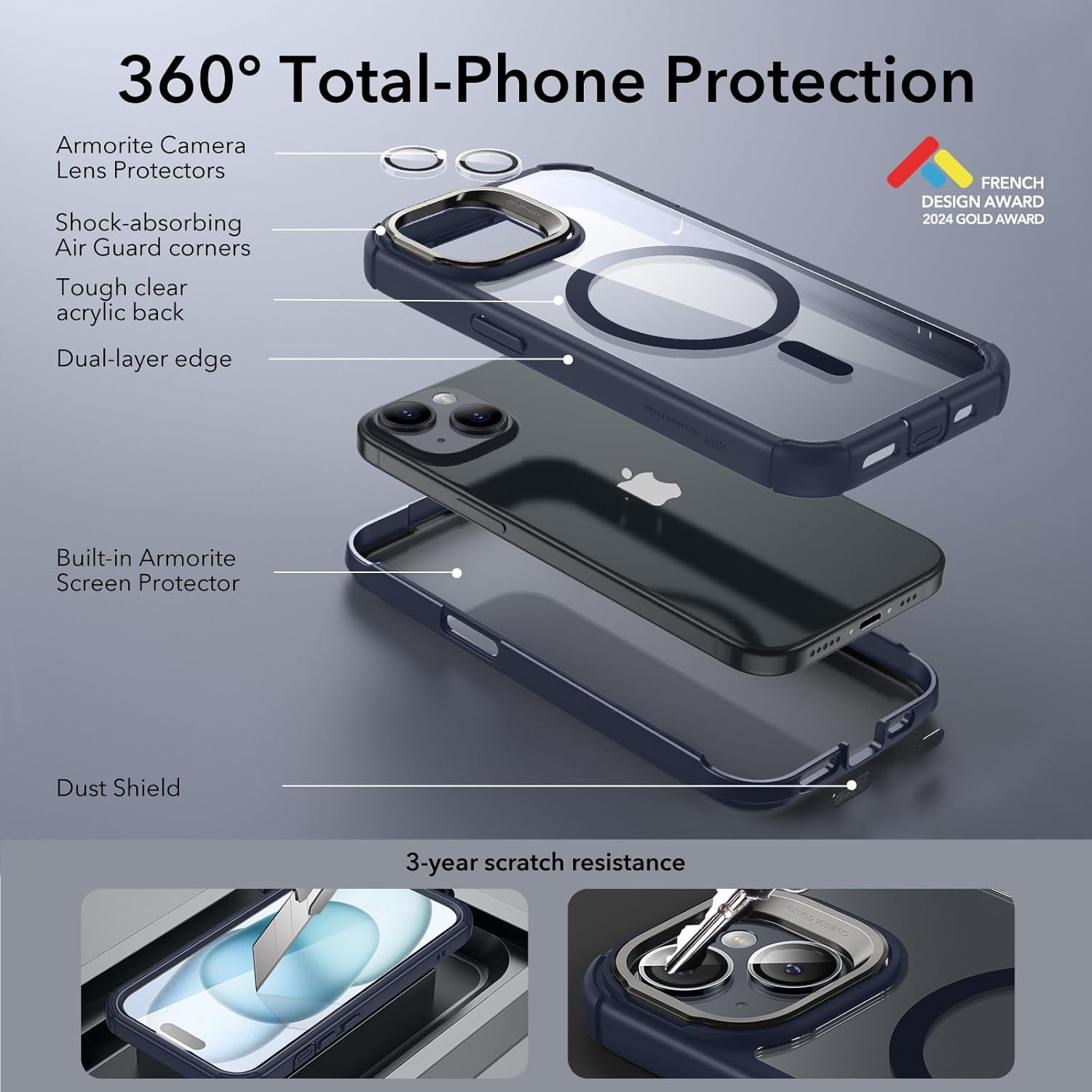 ESR for iPhone 15 Plus Case with Stand, Compatible with MagSafe, Full-Body Military-Grade Drop Proof Case with Built-in 9H+ Tempered Glass Screen Protector, Armor Series, Clear Dark Blue