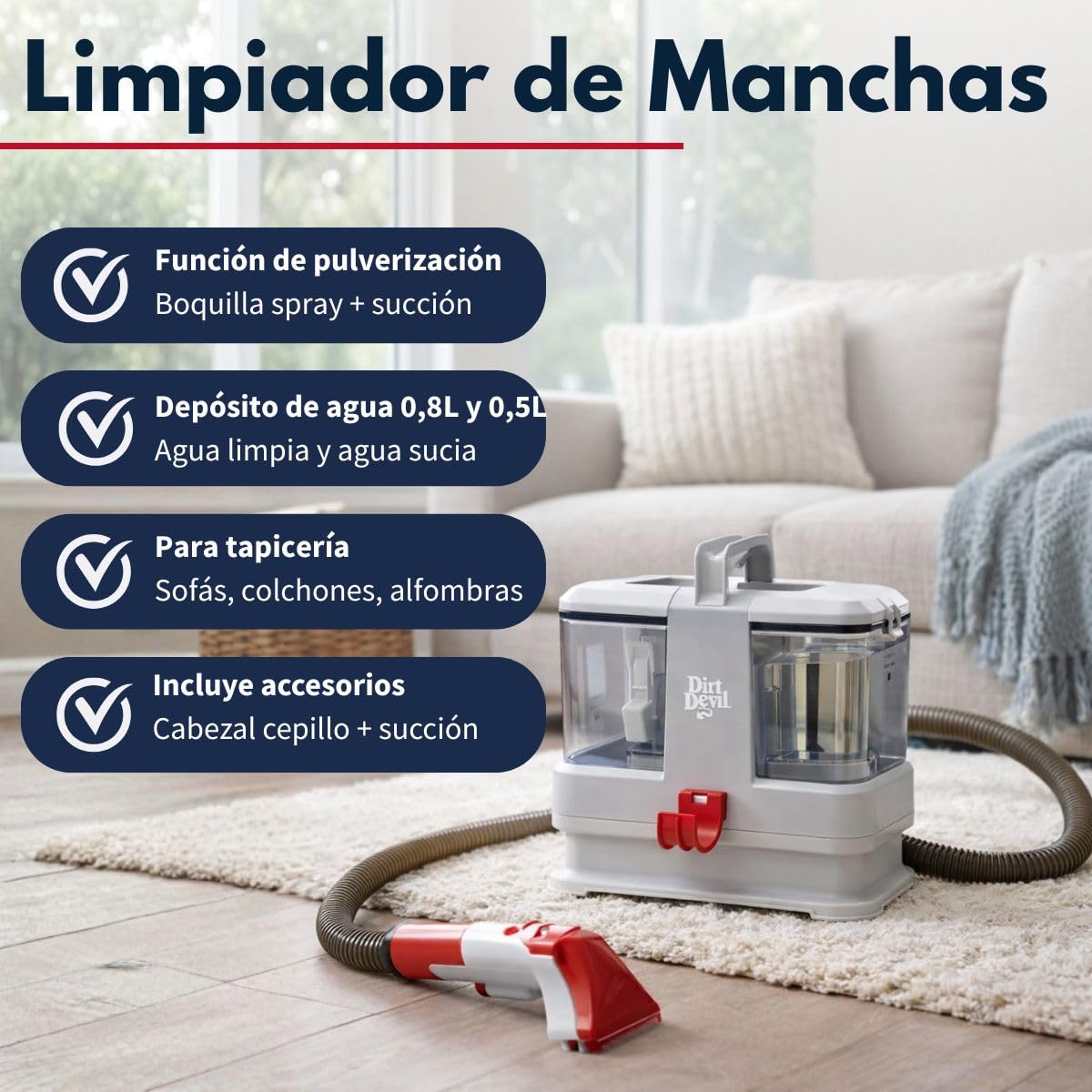Dirt Devil Limpiador de tapicería DD1005 – Limpiador de alfombras aspirador con función de pulverización – Aspirador para sofá, sofá, alfombra, textiles y coche – Aspirador húmedo 0,8 l tanque de agua
