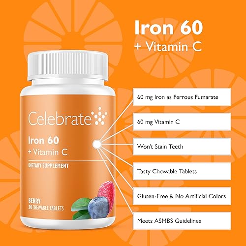 Miniatura 9 de Celebrate Vitamins Hierro bariátrico con vitamina C  60 mg de hierro suave masticable, sabor cítrico torcido, 30 unidades  Vitaminas bariátricas