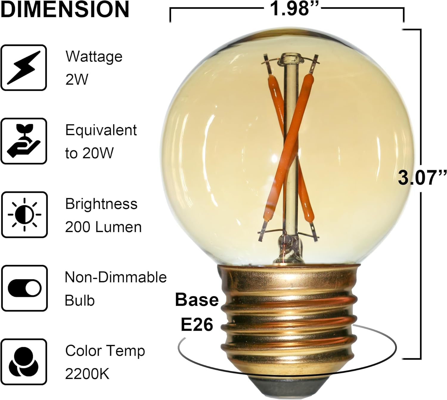 Bathroom Light Bulbs Over Mirror, 6 Pack G50 16 16.5 E26 LED Bulb 2W 2200K Soft Warm Amber Glass, Globes for Light Fixtures Dimmable Small Round Edison Filament Bulb for Wax Warmer Home Decor