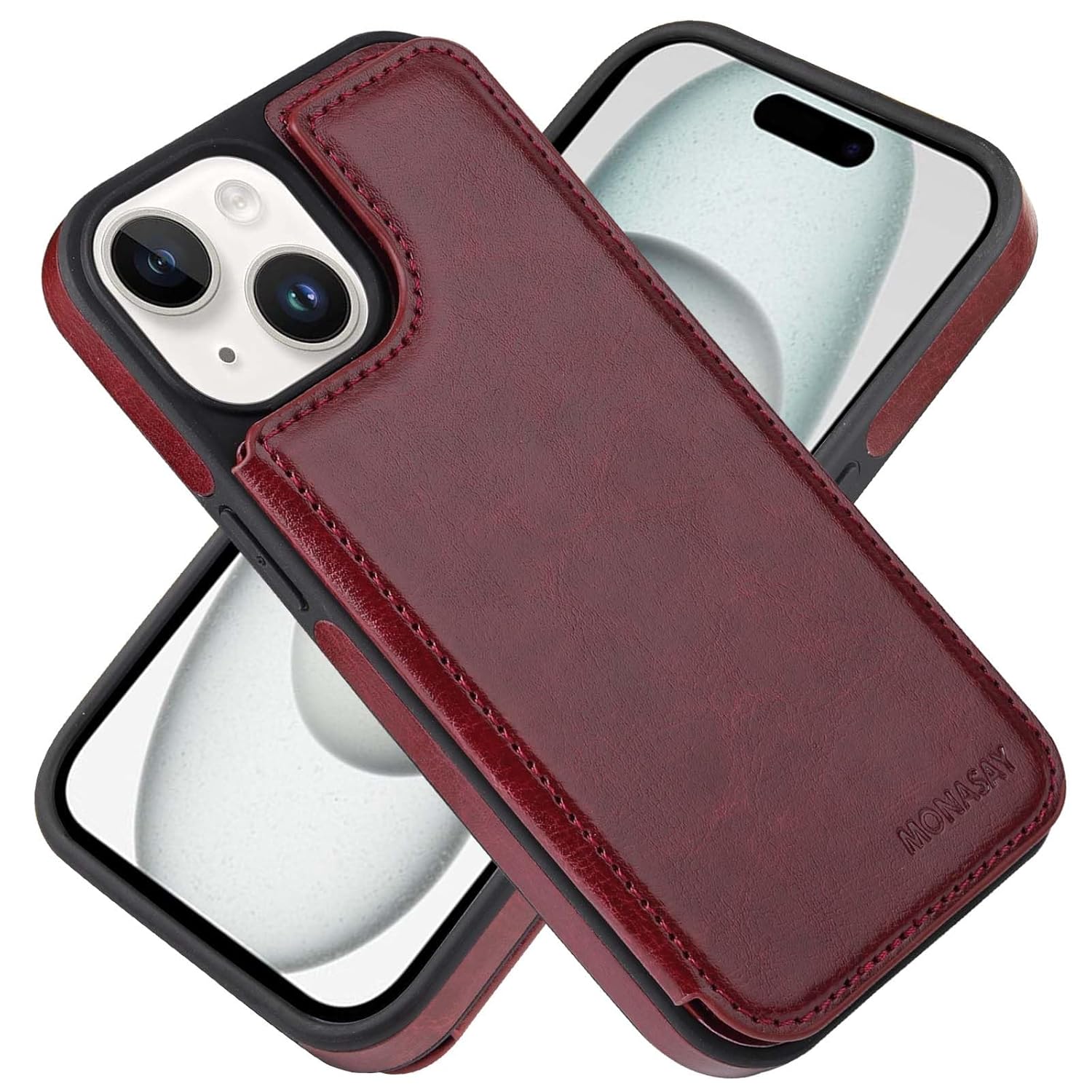 MONASAY PU Leather Flip Cover Fit for iPhone 15 5G,[Glass Screen Protector Included] [RFID Blocking] Phone Wallet Case with Credit Card Holder and Magnetic Clasp, Burgundy