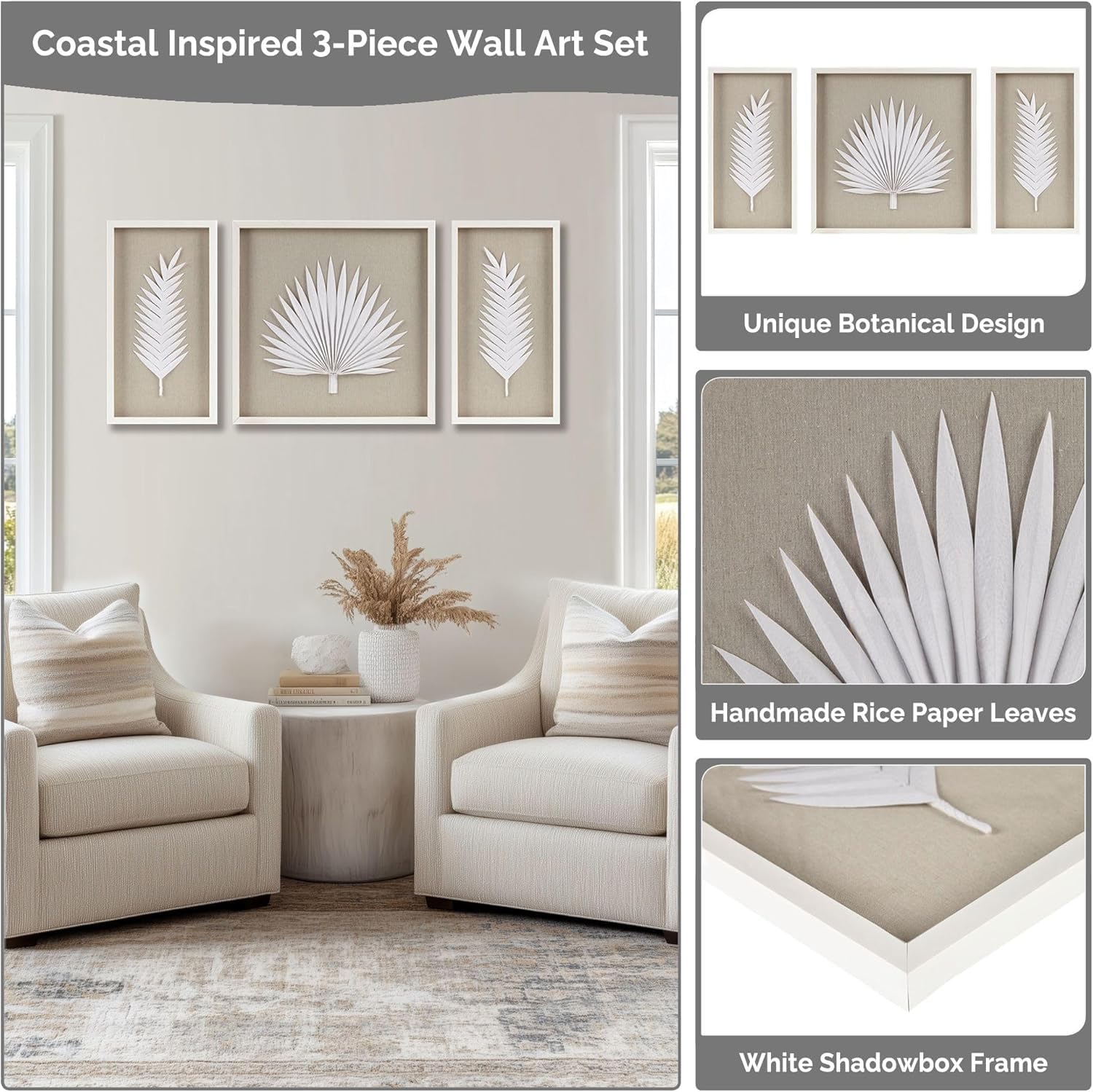 Madison Park Sabal Floral Wall Art - Handmade Canvas Palm Natural Rice Paper Shadow -Box Set, Glass, Wood Frame, Linen Base, Botanical Modern Room Decor for Hallway, Bedroom Accent, Off White 3 Piece Madison Park Sabal Floral Wall Art - Handmade Canvas Palm Natural Rice Paper Shadow -Box Set, Glass, Wood Frame, Linen Base, Botanical Modern Room Decor for Hallway, Bedroom Accent, Off White 3 Piece