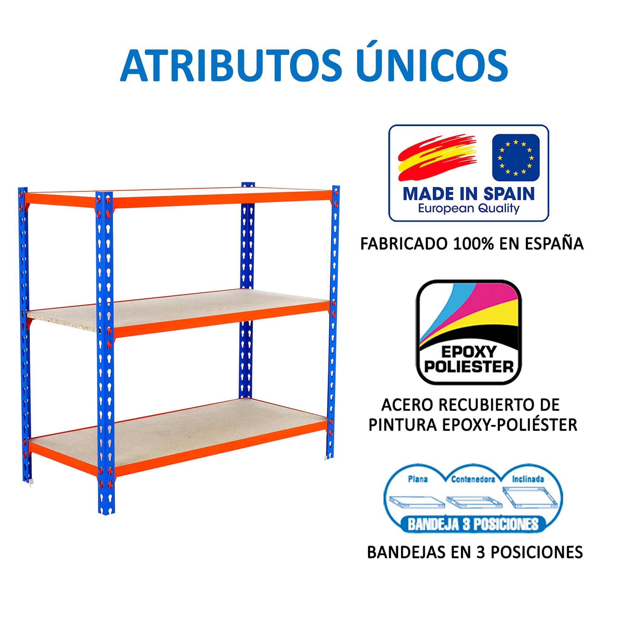Simon Rack Étagère Rangement et 3 Niveaux en Boix, 150 kg Capacité de Charge et Point de Flexion, 900x1000x300 mm, Étagère Charge Lourde, Étagère Garage, Bleu/Orange/Bois - Maderclick
