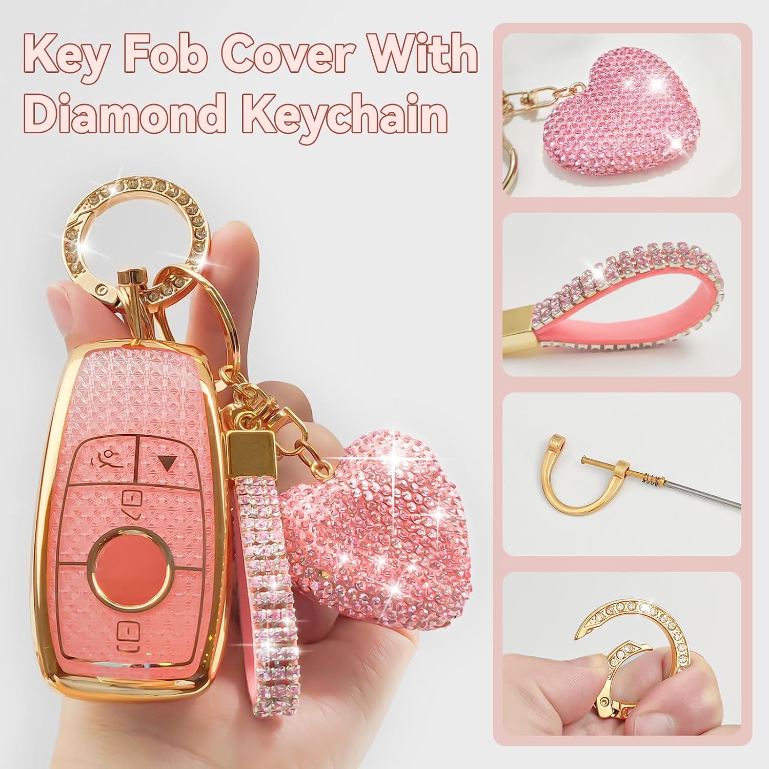 Key Fob Cover with Diamond, Compatible with Mercedes-Benz A C E S CLA CLS GLA GLB GLC GLS Class AMG G63 2017-2025, Sparkling TPU Key Case and Bling Heart Decoration for Women (Pink) image 3