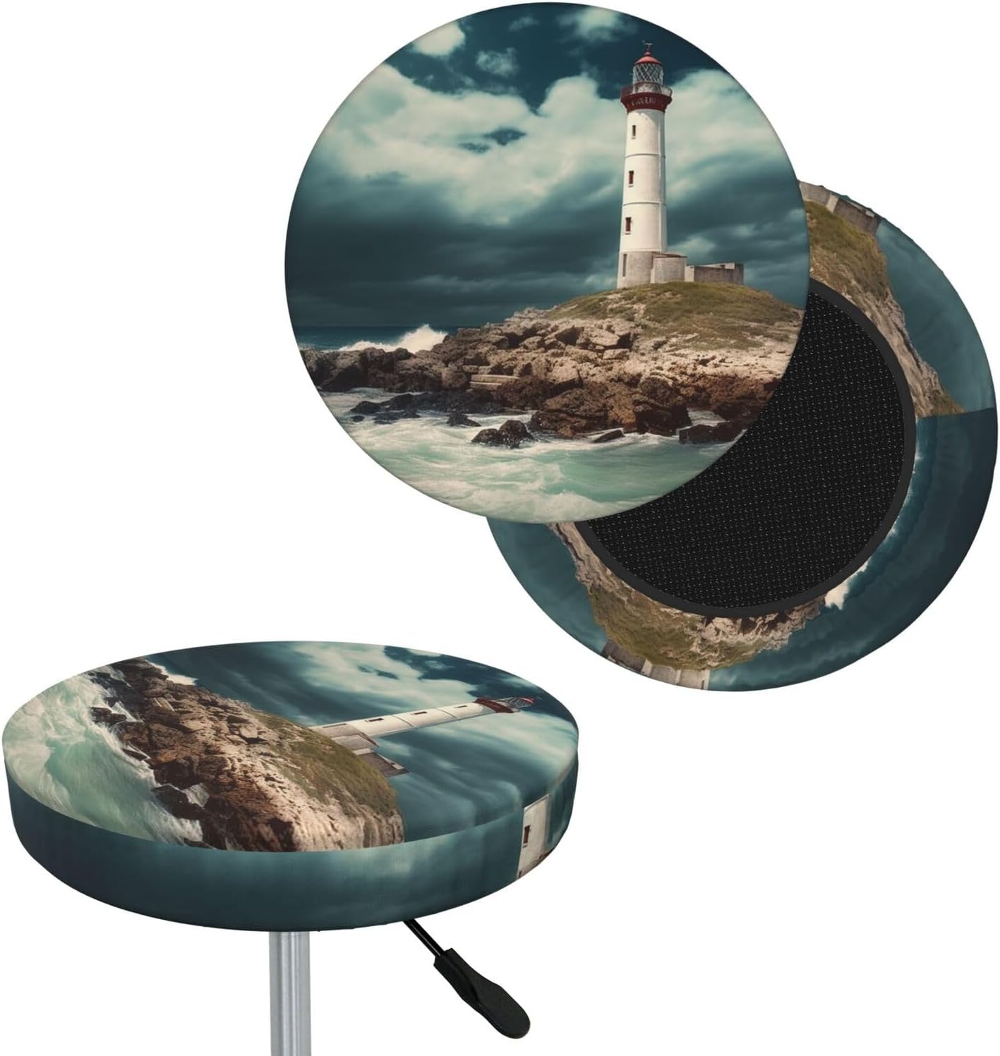 Bar Stool Cover Round Elastic Stool Cushion Covers Lighthouse Seaside Bar Chair Cover Washable Stool Cushion Slipcover Stretch Stool Seat Covers for 12-14 Inch Chair