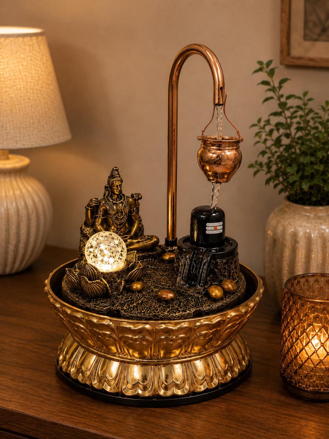 Add Shivling Water Fountain with LED Lights, Crystal Ball & Water - Image 1