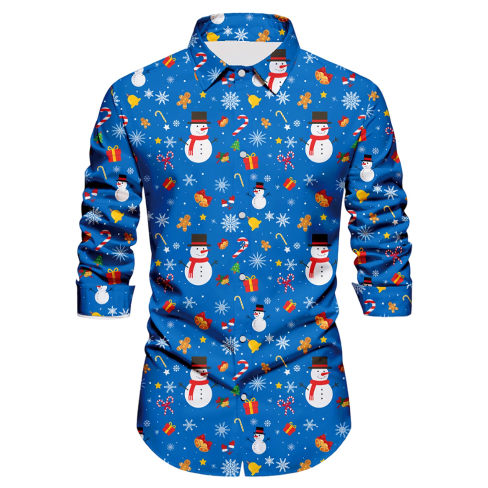 Mens Christmas Shirt 3D Printed Santa Claus Shirts Funny Ugly Long Sleeve Button Down Xmas Shirt Snowman Elf Reindeer Hawaiian Costume Festive Holiday Party(Blue