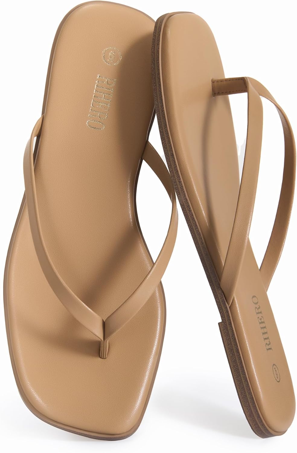 Rihero Flip Flops for Women Comfortable Square Toe Beach Sandals Slip On Leather Thong Flat Sandals Dressy - Image 4