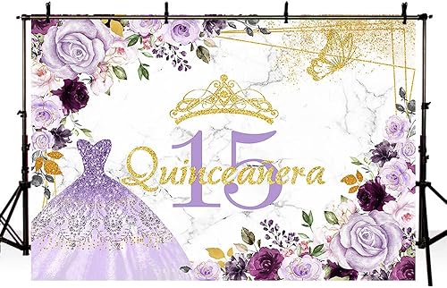 Miniatura 4 de Telón de fondo de quinceañera de cumpleaños de quinceañera dorado morado de 7 x 5 pies para dulce niña, princesa Mis membrillo Anos, fiesta de