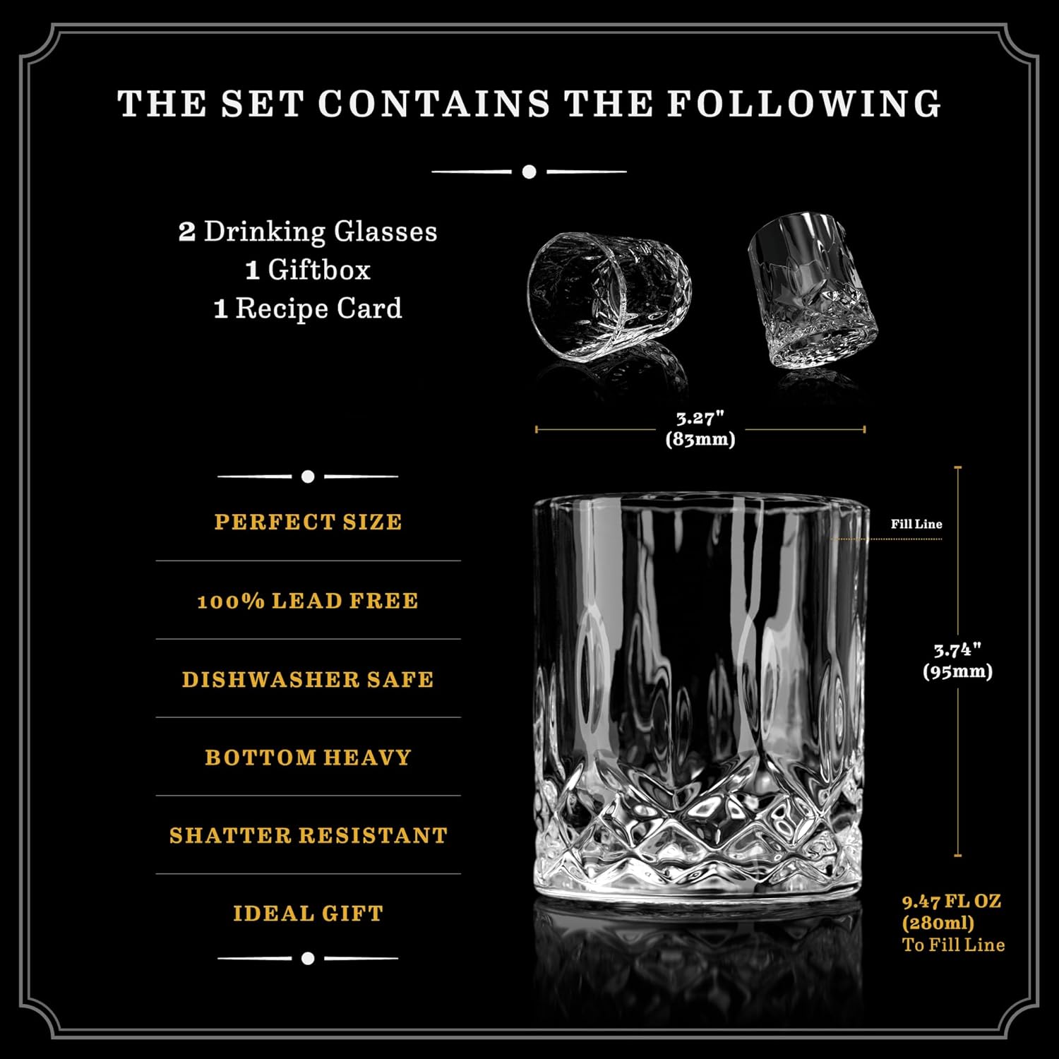 Whiskey Glasses Gift Set - Premium Old Fashioned Whisky Tumbler Gifts for Men or Woman Birthday; Rocks Whiskey Gift Box Set of 2 | Lead-Free Crystal Glasses for Bourbon, Scotch, Cocktail Set - Image 3