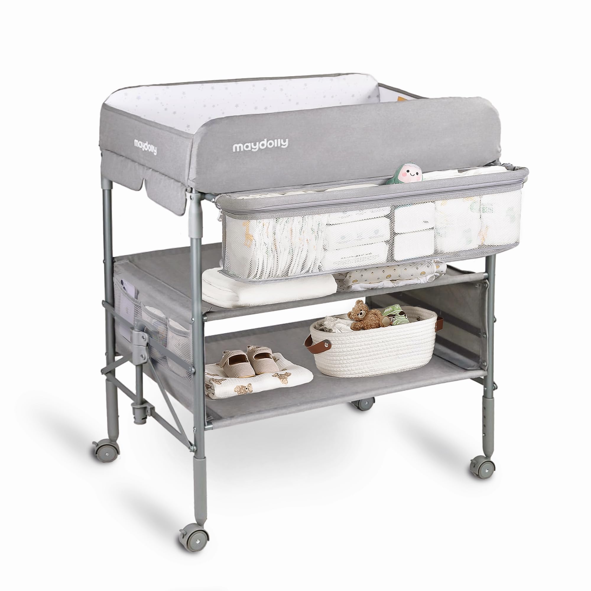 Maydolly Wickeltisch für Babys, tragbarer klappbarer Wickeltisch mit Rollen, wasserdicht und höhenverstellbar, für Neugeborene (Grau)