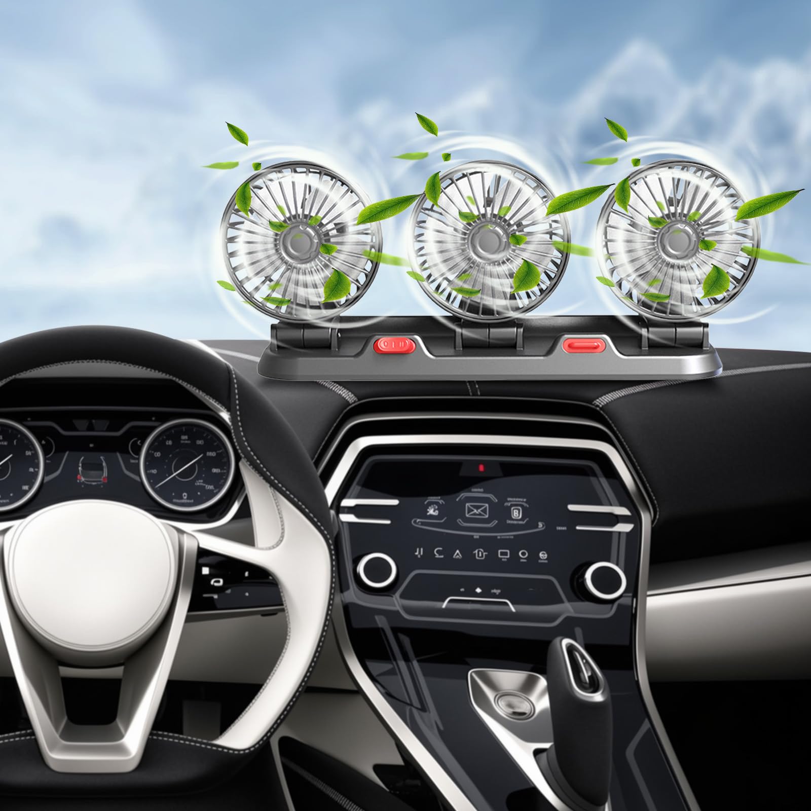 Baceyong Ventilateur de voiture, ventilateur automatique rotatif à 360 degrés 5 V électrique 3 têtes de circulation d'air de refroidissement, ventilateur d'air de refroidissement de voiture portable