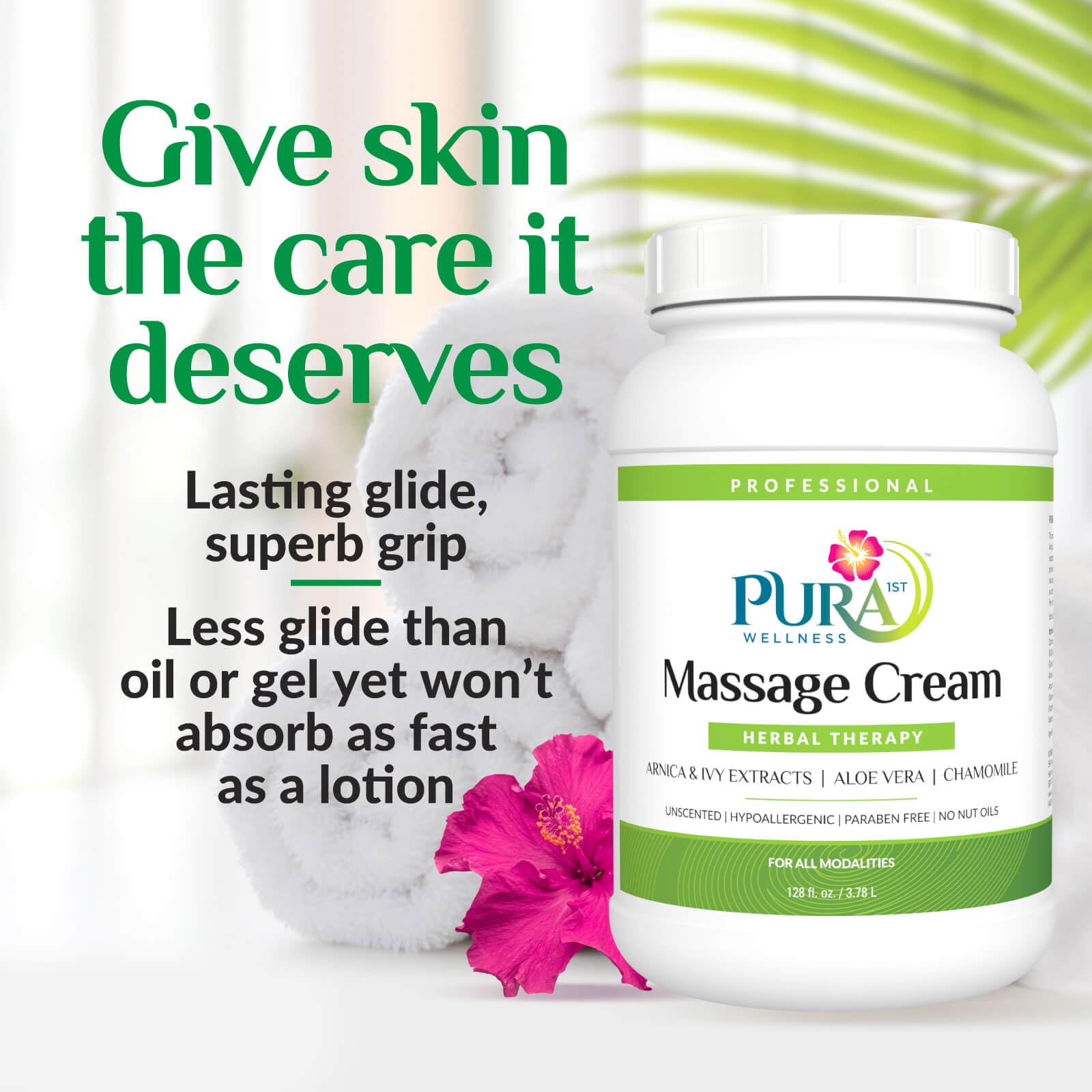 PURA 1ST Professional Herbal Therapy Massage Cream, Aloe Vera, Arnica Extract, Unscented, Hypoallergenic, Natural, Skin Moisturizing, Skin Hydrating, Deep Tissue, Wellness, Physical Therapy, 128oz Jar