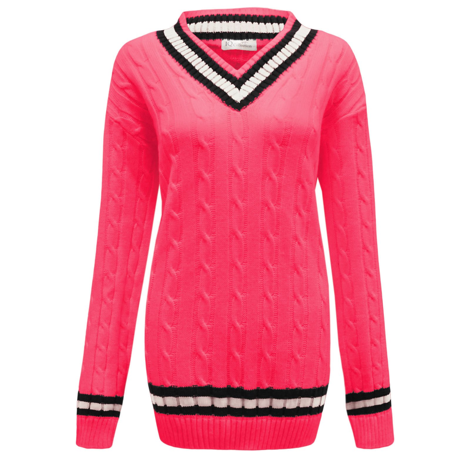 Missmister Mens Womens Unisex Plus Size V Neck Cable Knit Cricket Jumper Sweater Pullover (20-22, Neon Pink)