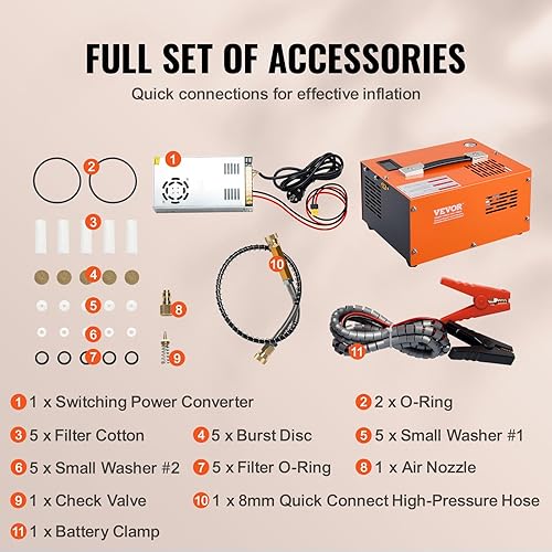 Miniatura 6 de VEVOR Compresor de aire PCP, compresor portátil de pistola de aire PCP de 4500 PSI30 Mpa con convertidor externo, DC12VAC115V  Sin aceite y agua