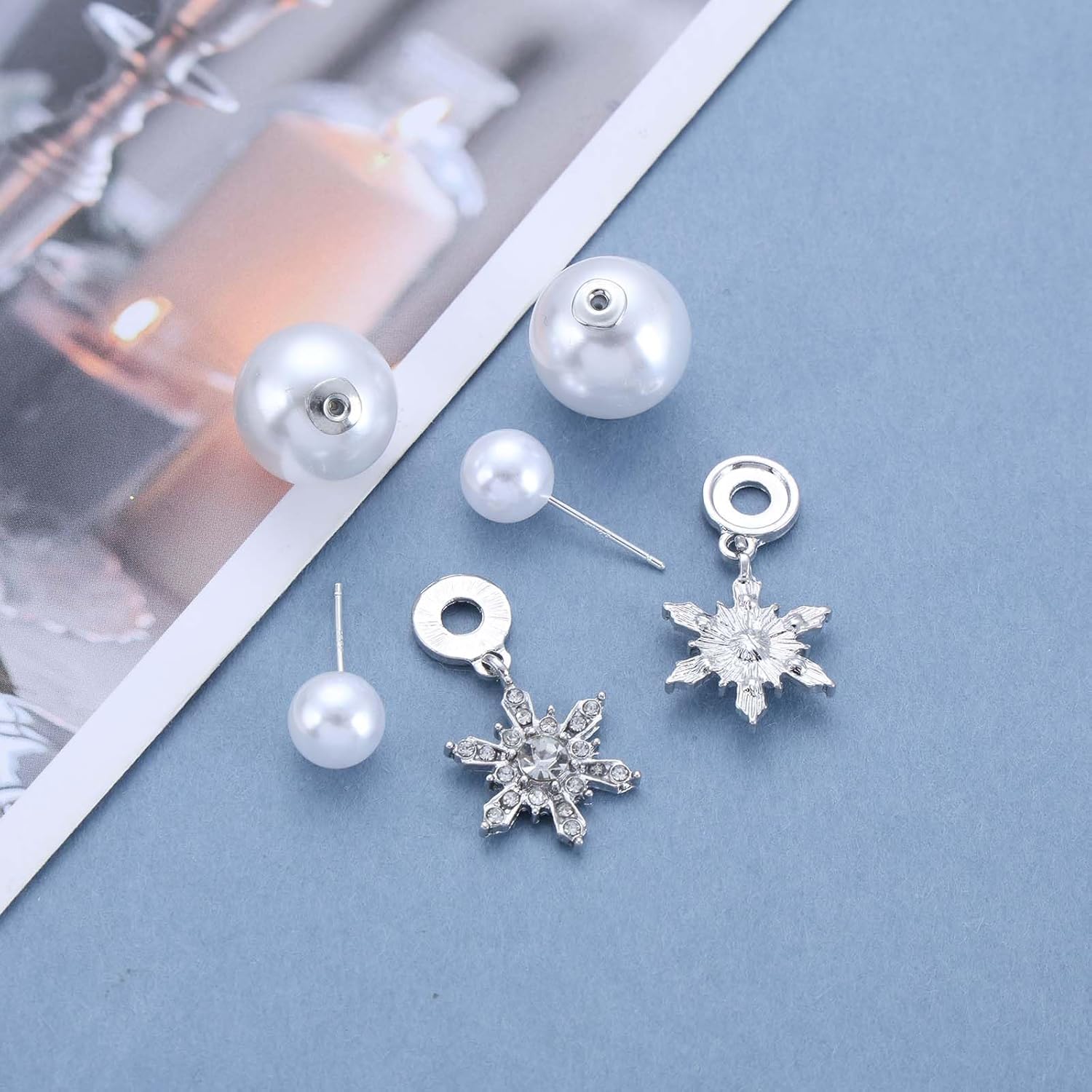 Boho Bow Pearl Ear Jackets Earrings Bow Pearl Dangle Earrings Silver Bow Ribbon Stud Earrings White Large Pearl Earrings Pearl Wedding Earrings Jewelry for Women - Image 4