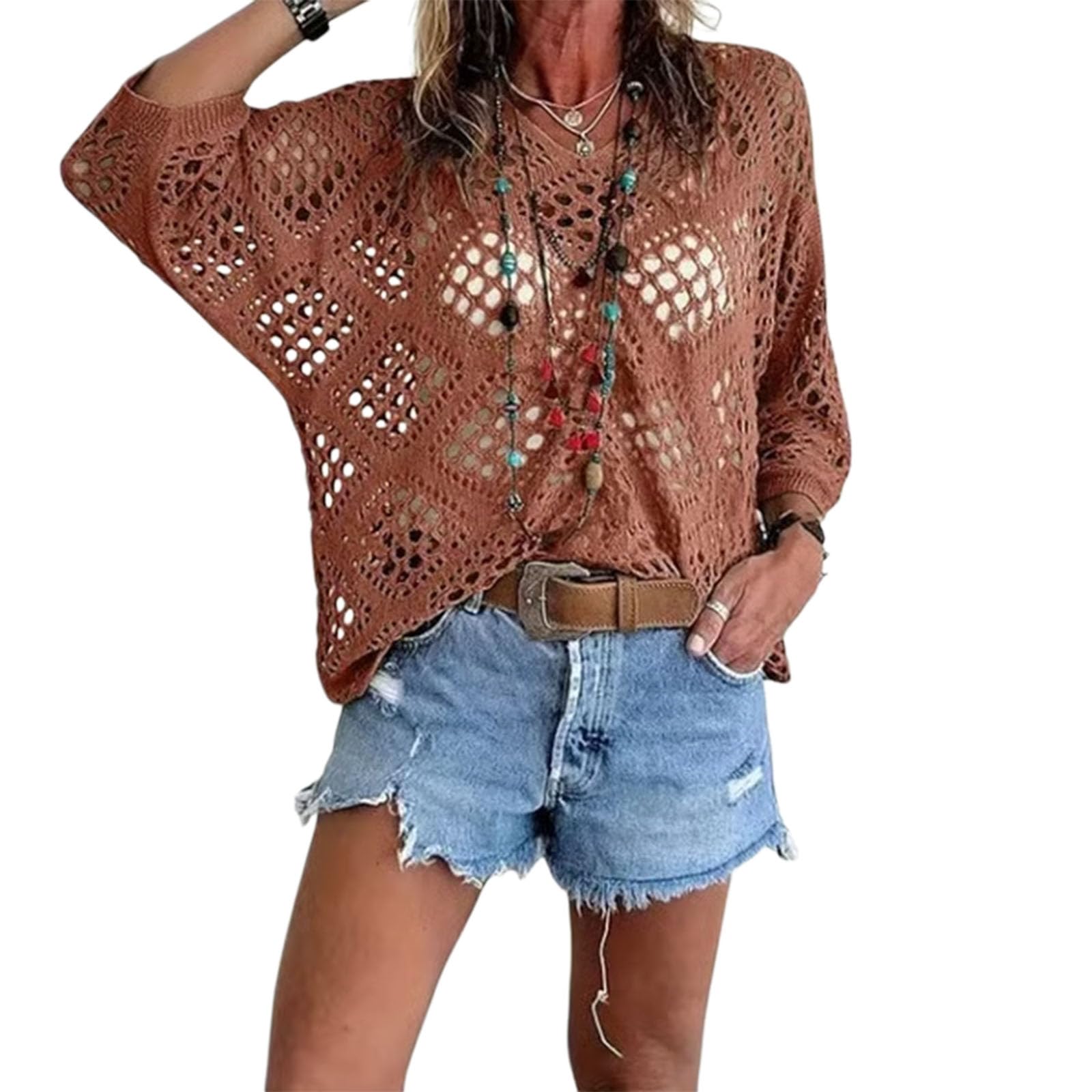 Olygee Women's Caramel Boho Crochet Tops For V Neck 3/4 Sleeve Hollow Out Summer Beach Cover Up (,Xx_l)