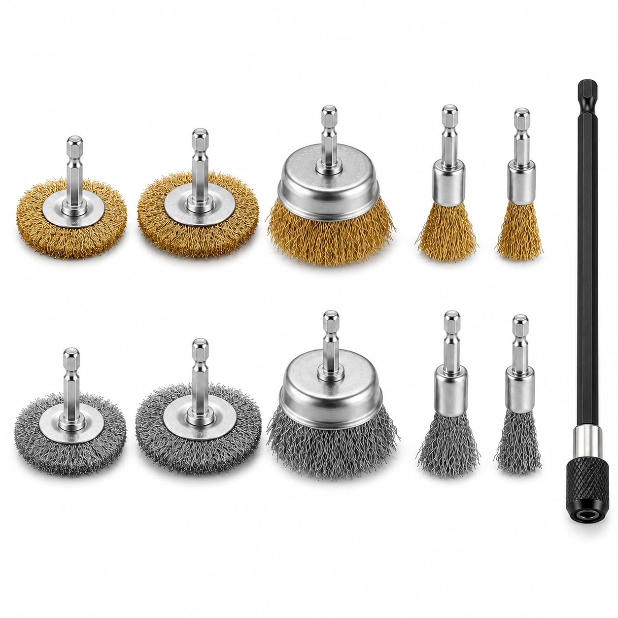 11PCS Wire Brush for Drill Set, Brass & Steel, 1/4'' Hex, Extension Bar