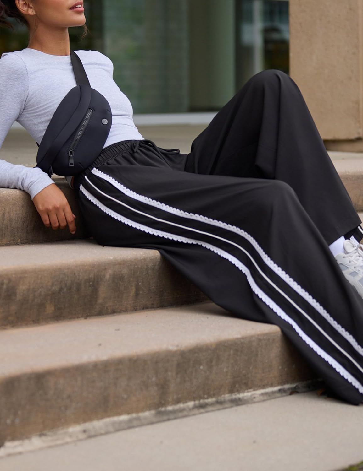 Yeokou Women's Wide Leg Sweatpants Side Stripe Crochet Slip on Drawstring Casual Running Track Palazzo Pants with Pockets - Image 3