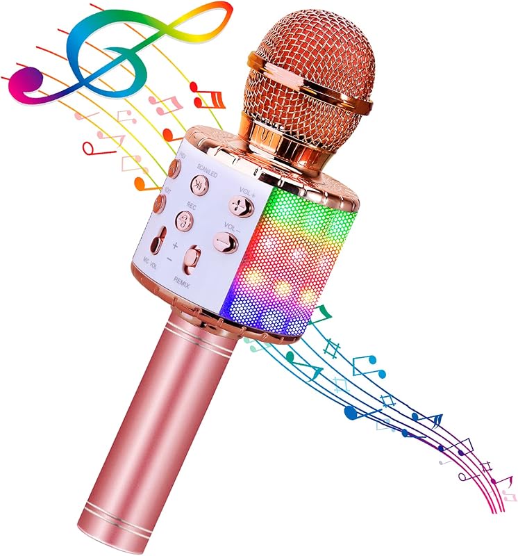 4 in 1 Karaoke Wireless Microphone with LED Lights, Portable Microphone for Kids, Great Gifts Toys for Kids, Girls, Boys and Adults (Pink)