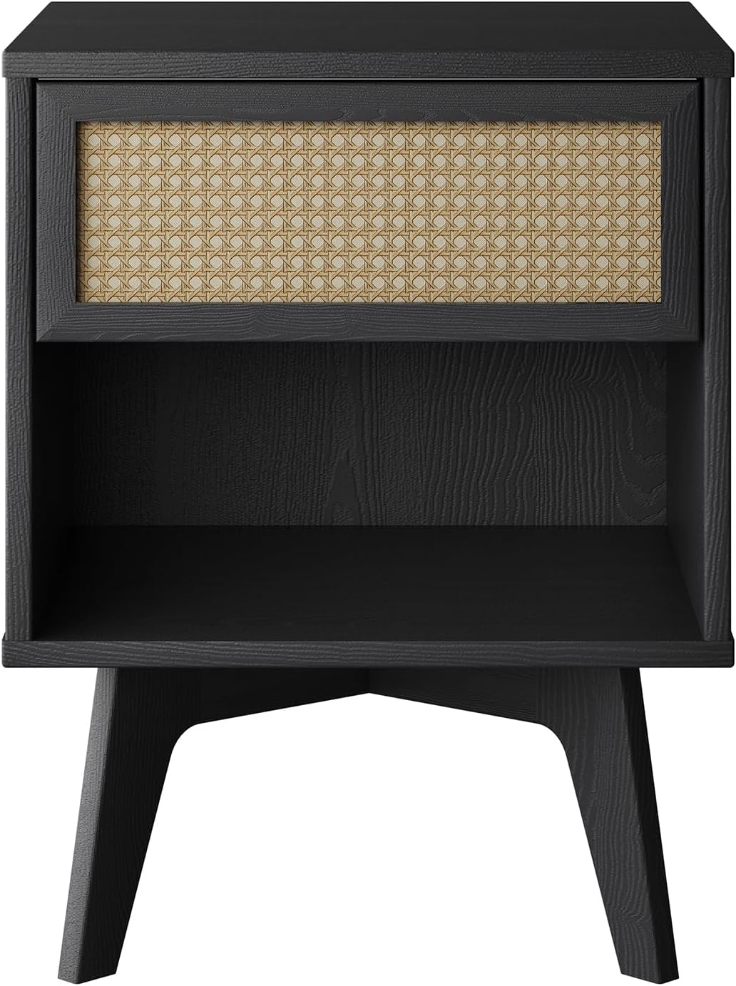 MUSEHOMEINC Nightstand, Boho Bedside Table with Rattan Drawer Open Shelf, Black Wooden Night Stand with Storage, Mid Century Modern End Table for Bedroom, Living Room,Dorm and Small Spaces