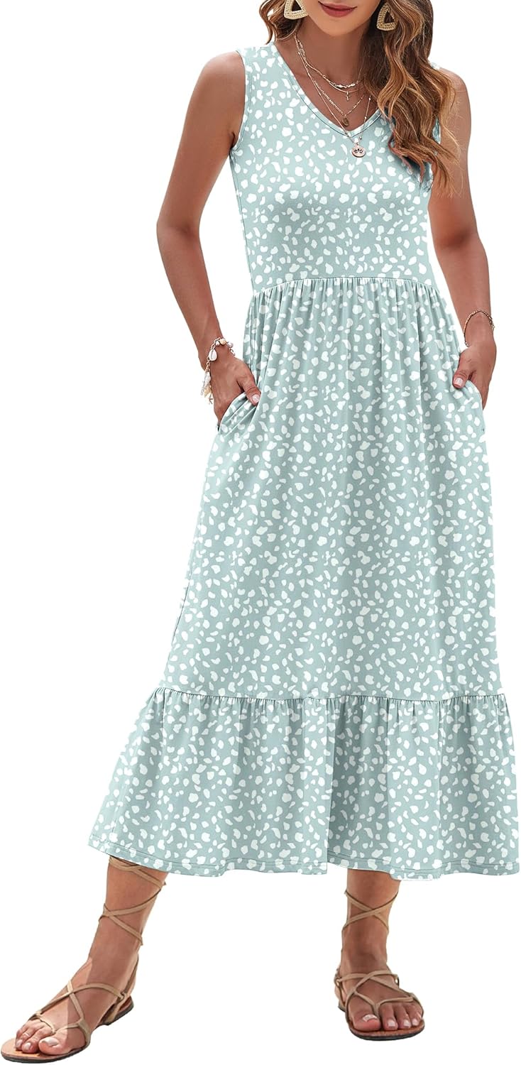 AUSELILY Womens Maxi Dress 2025 Sleeveless Summer Dresses V Neck Casual Tiered Sundresses with Pockets