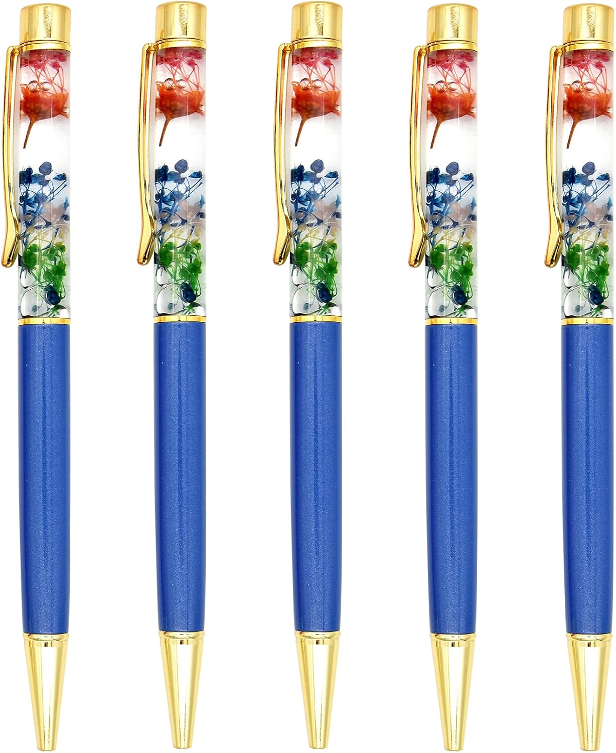 Gullor 5 Pieces Liquid Floral Ballpoint Pens for Gift Fancy Metal Unique Flower Set for Desk Accessories Navy blue - Image 3