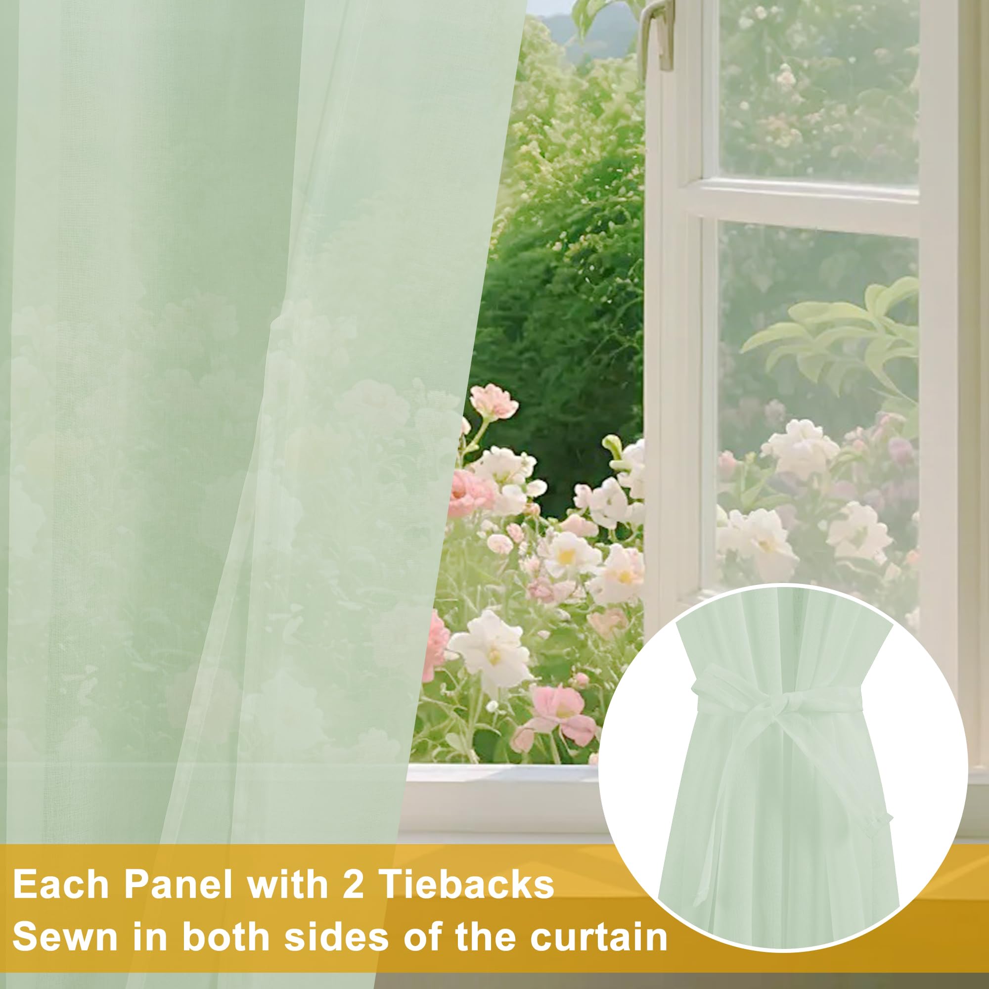 DWCN - Tende in voile con nastro arricciato effetto lino, 2 pezzi, semitrasparenti, per soggiorno, tende trasparenti, verde, 225x140cm (altezza x larghezza)