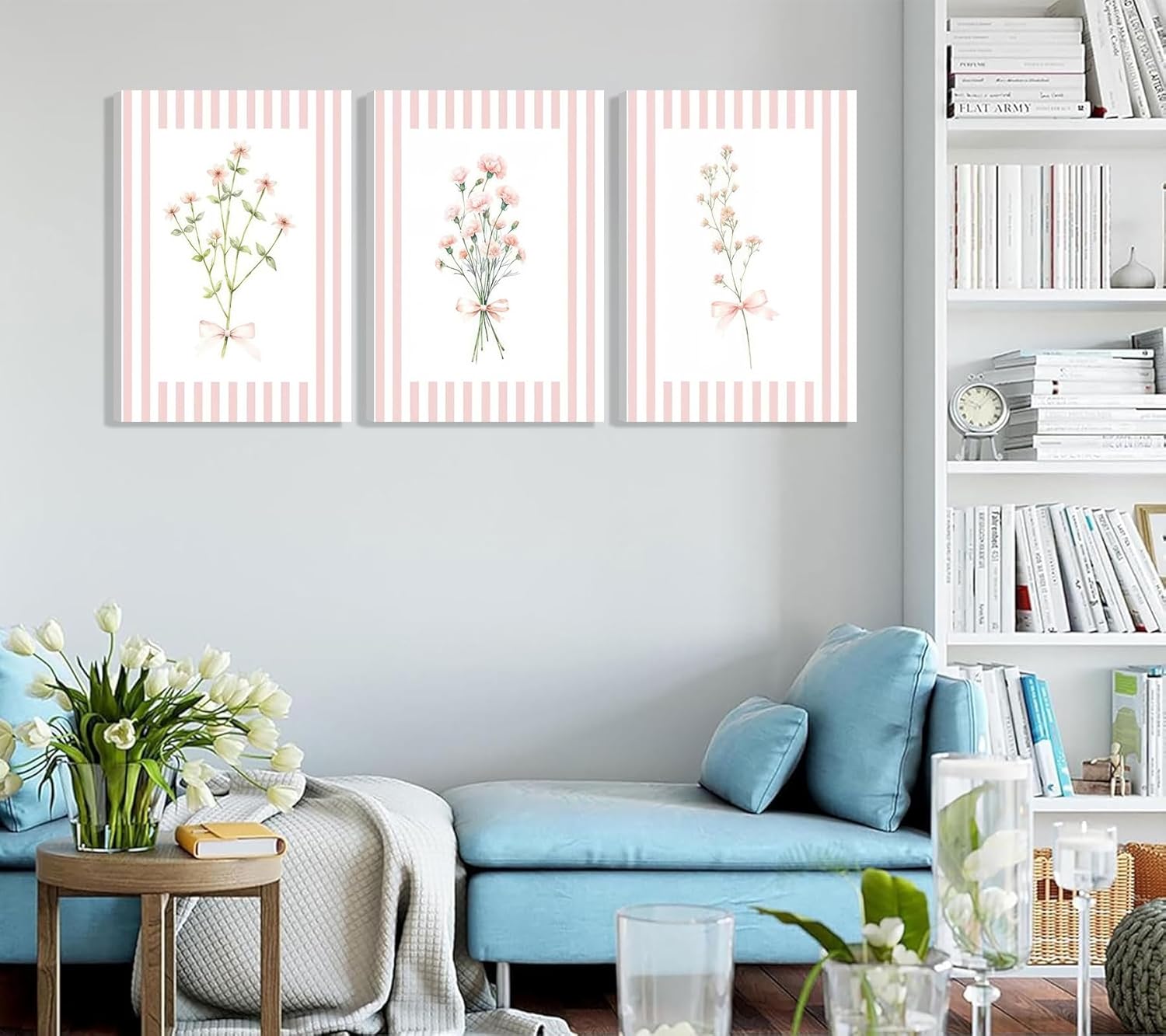 QJPEGZB 3Pcs Pink Bow Floral Canvas Wall Art Pink and White Striped Preppy Bloom Painting Pictures Flower Plant Wall Decor Prints for Living Room Bedroom Girl Room Home Decoration 12x16in Framed