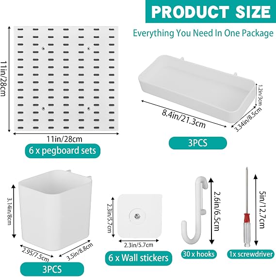 Pegboard Combination Kit with 6 Panels 28x28cm Peg Boards for walls and 44 Accessories Wall Organizer for Room Storage Organization and Decoration, Free Combination & Dual Installation Options