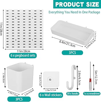 Pegboard Combination Kit with 6 Panels 28x28cm Peg Boards for walls and 44 Accessories Wall Organizer for Room Storage Organization and Decoration, Free Combination & Dual Installation Options