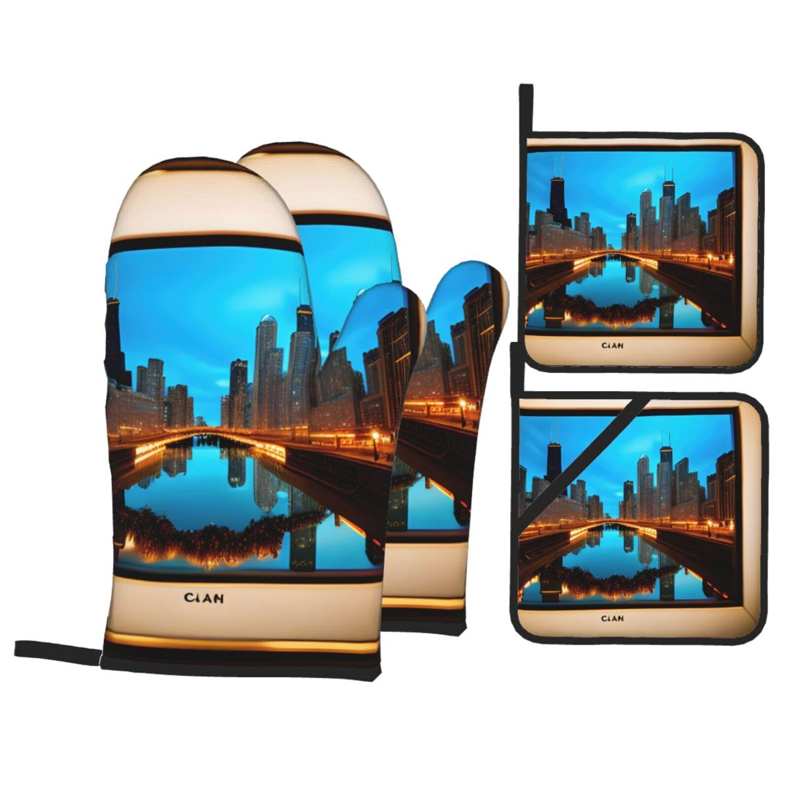 Chicago Reflected Print 4-Piece Oven Microwaving Set Kitchen Gloves for Holiday Cooking Baking Grilling