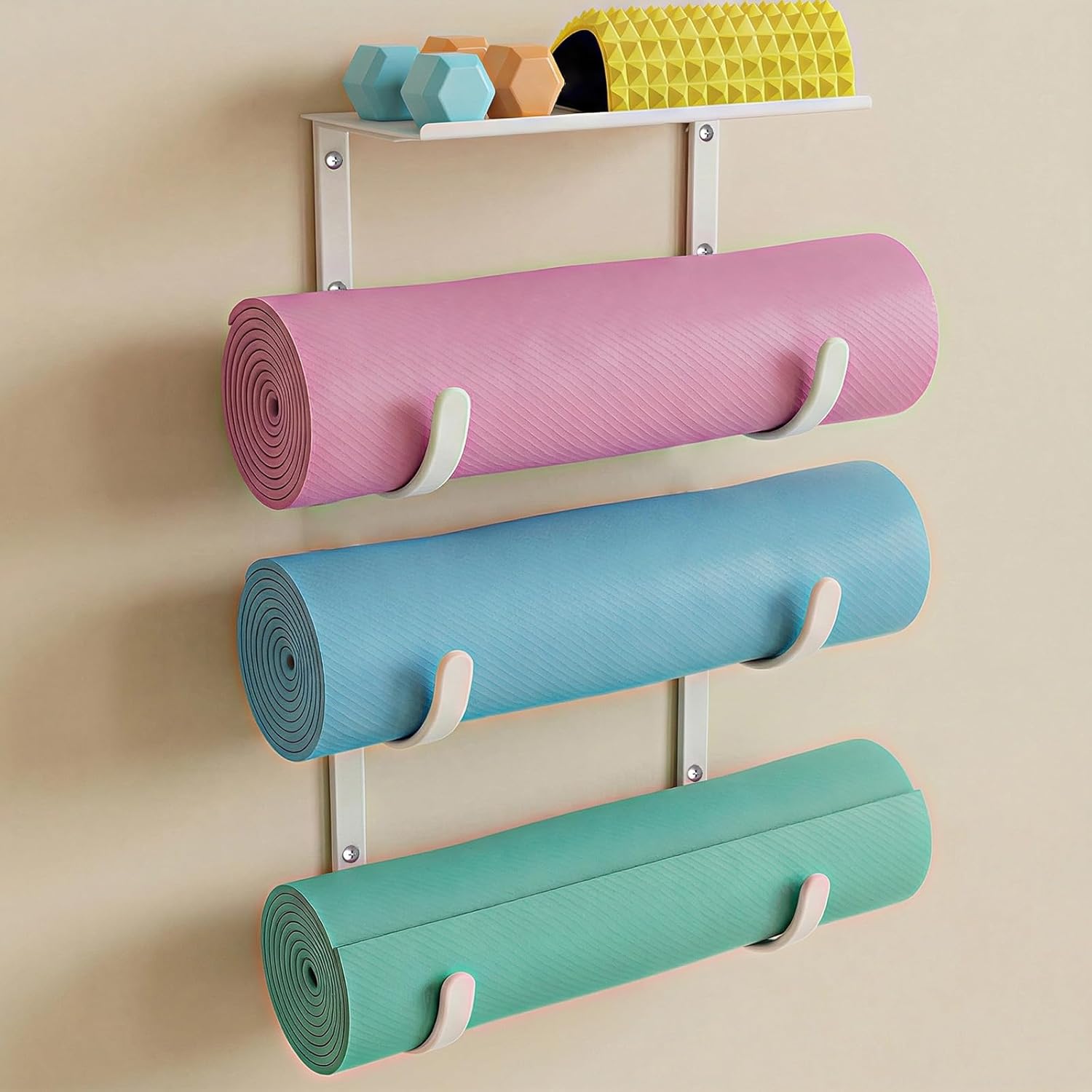 Yoga Mat Holder Wall Mount, No-Tie Pilates Mat Storage Rack with Top Floating Shelf, 4-Tiers Holding Yoga Blocks/Rollers and Exercise Mat, Workout Mat, Home Gym Equipment Accessories