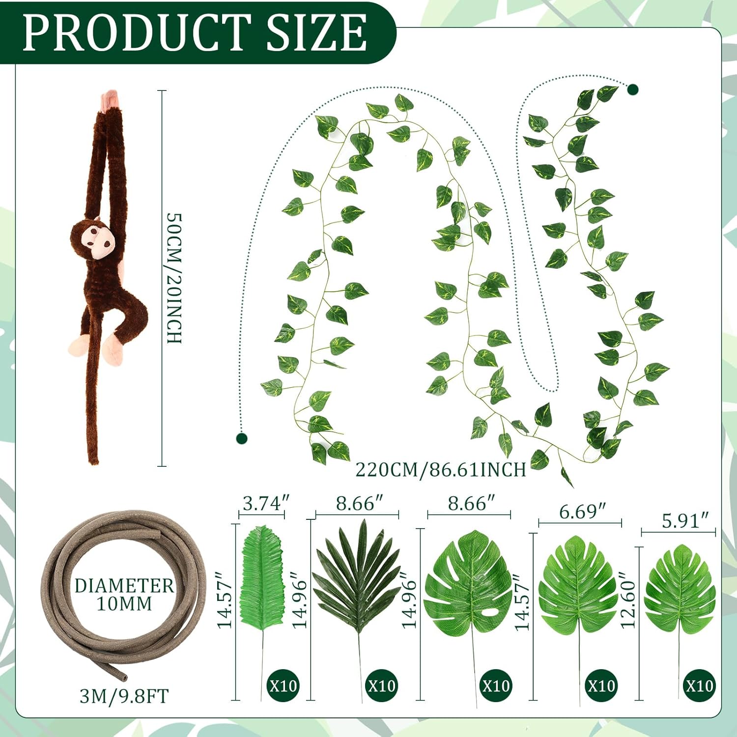 Chivao 69 Pcs Jungle Party Decoration Include 8 Hanging Plush Monkey Stuffed Animal, 10 ft Artificial Rattan, 50 Tropical Palm Leaves with 10 Fake Ivy Vine for Jungle Classroom Birthday Party Favor