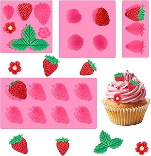 4 Pcs Strawberry Fondant Molds, 3D Strawberry Chocolate Molds, Fruit Silicone Baking Molds for Desserts, Cake Decorations, Cupcake Toppers