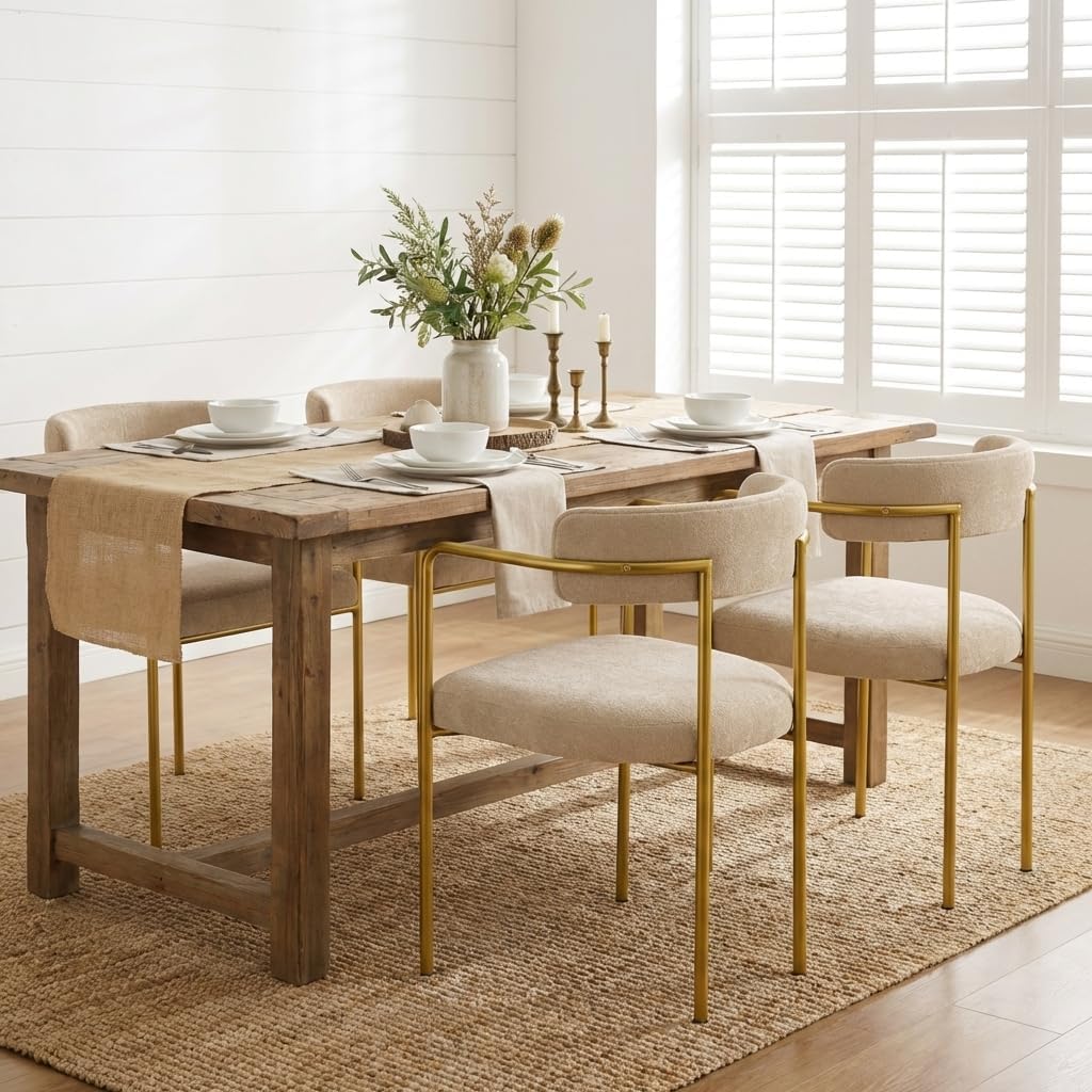 Boucle Dining Chairs Set of 6 with Arms, Mid Century Modern Upholstered Dining Chairs for Kitchen & Dining Room, Curved Backrest, Gold Metal Frame (Taupe/Sand)